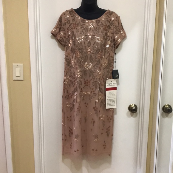 Adrianna Papell Beaded Rose Gold Dress - Size 16 - Picture 4 of 6